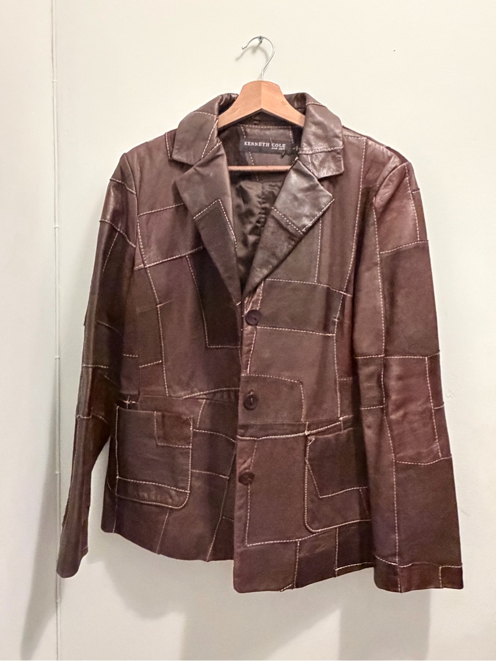 Kenneth Cole Brown Patchwork Leather Bomber Jacket